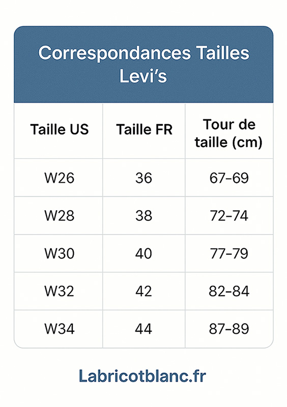 Tableau de correspondances des tailles Levi's US / FR